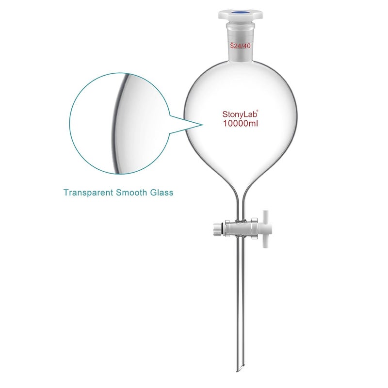 stonylab 1000 mL Separatory Funnel with with 24/40 Joint & PTFE Stopcock, Borosilicate 3.3 Glass, Spherical Design for Liquid Extraction & Solvent Separation, Includes Plastic Stopper (1-Pack) - Image 3